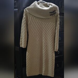 Calvin Klein Cream Cable-Knit Cowl Neck Sweater Dress with Buckle Detail